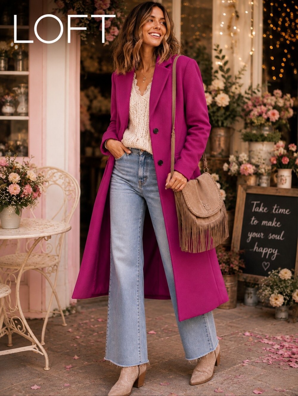 LOFT Women's Magenta Long Wool-Blend Coat